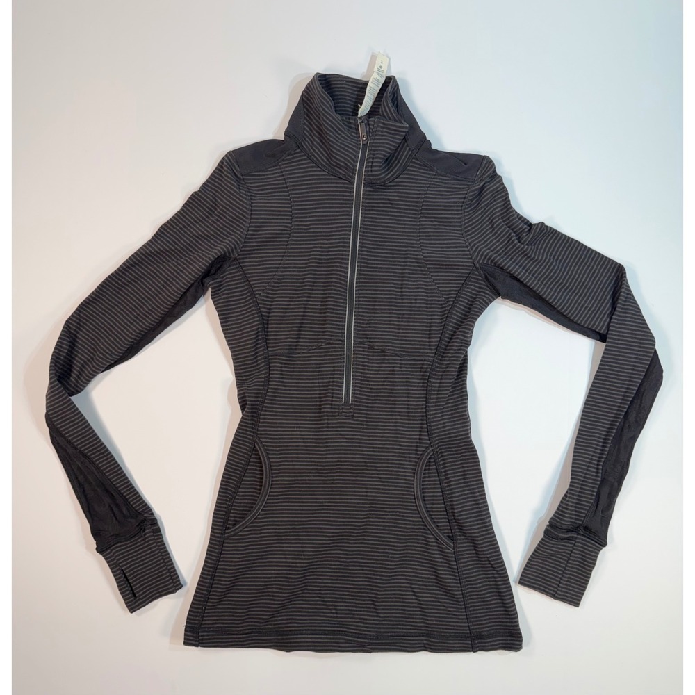 Lululemon Run Luster 1/2 Zip Pullover Black Grey Striped Size 2 Thumbholes Mesh